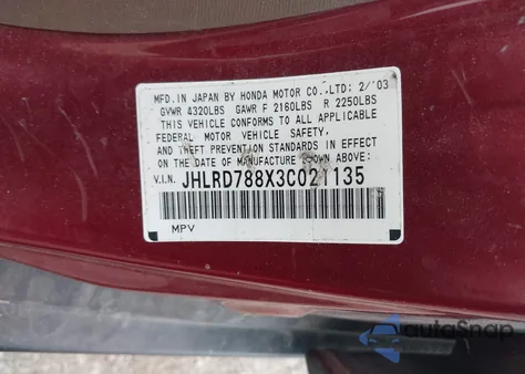 2003 Honda Cr-V Ex из США, поврежденный, VIN JHLRD788X3C021135